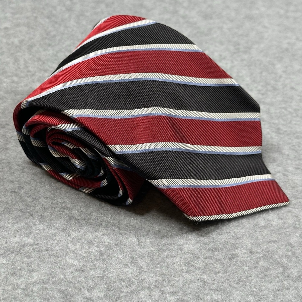 Paul Fredrick Red Black Stripe Italian Silk Necktie Hand Tailored USA 58x3.5in
